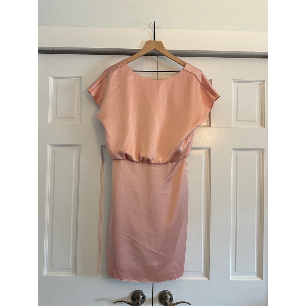 Trina Turk Pink Satin Blouson Cocktail Dress V-Back Short Sleeve Mini Size 8 NEW - Picture 2 of 6